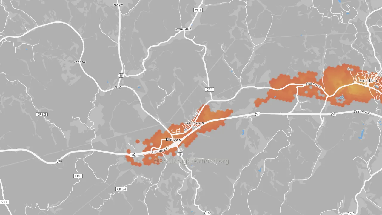 Bike Grade map of Ellenboro, WV
