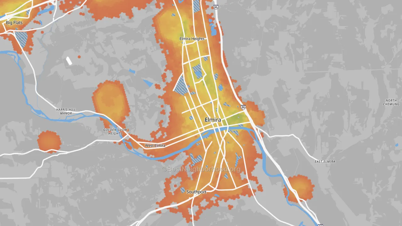Bike Grade map of Elmira, NY