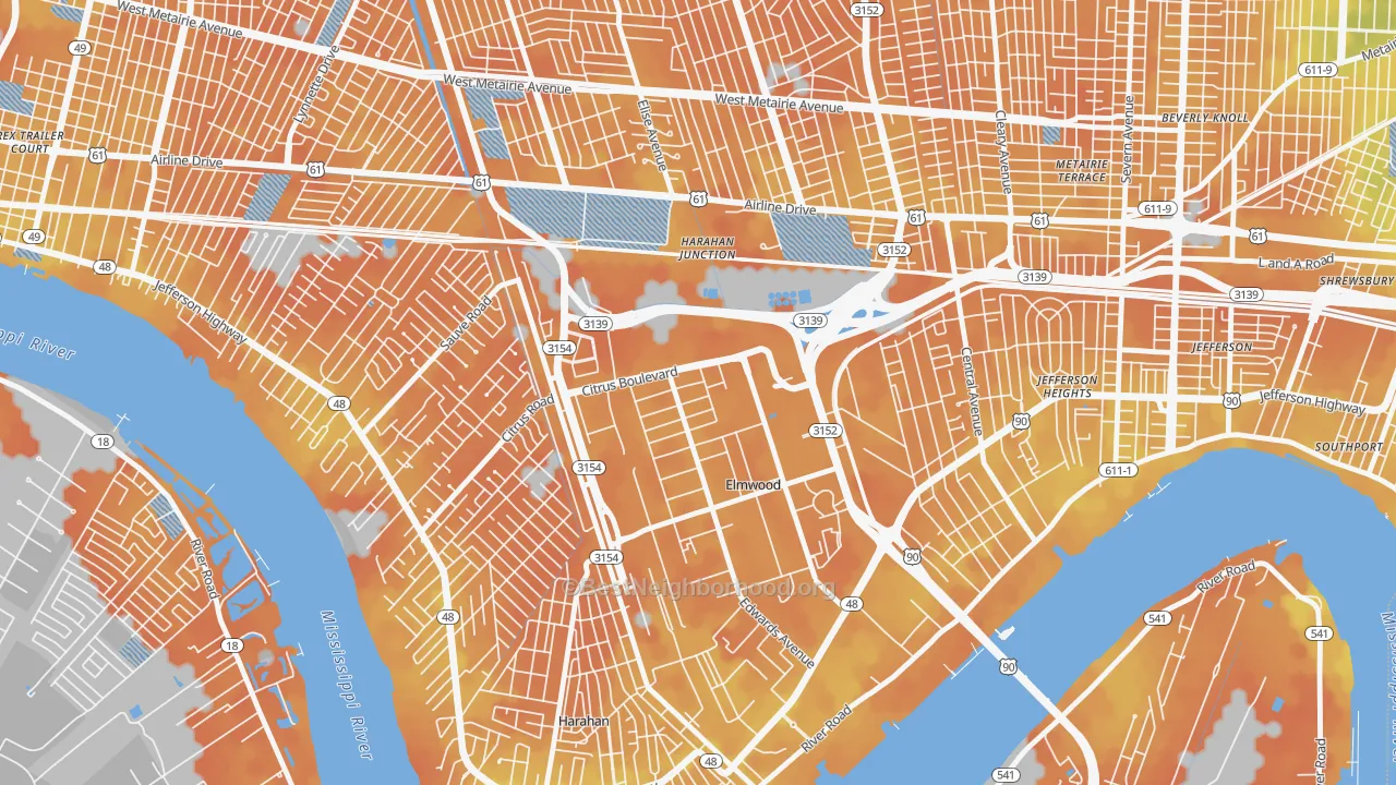 Bike Grade map of Elmwood, New Orleans, LA