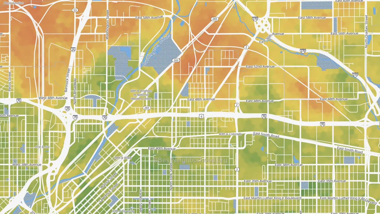 Bike Grade map of Elyria Swansea, Denver, CO