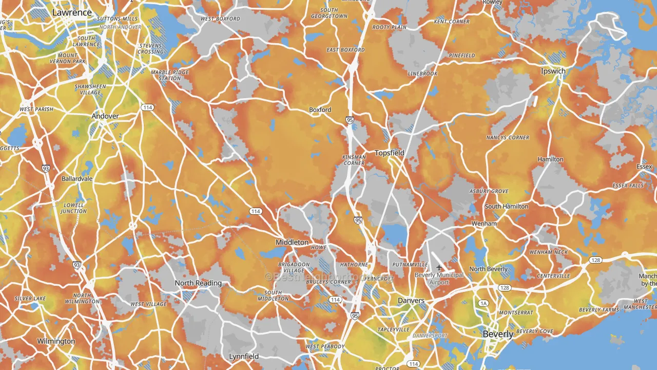 Bike Grade map of Essex County, MA