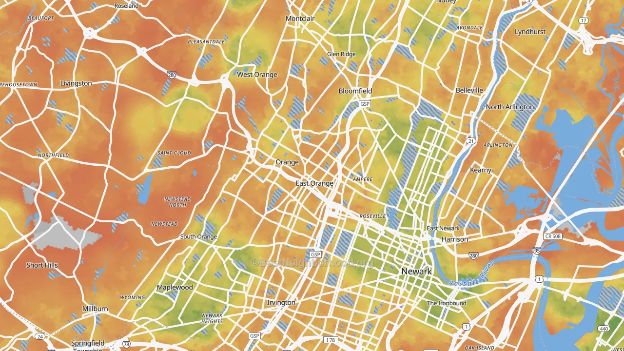Bike Grade map of Essex County, NJ