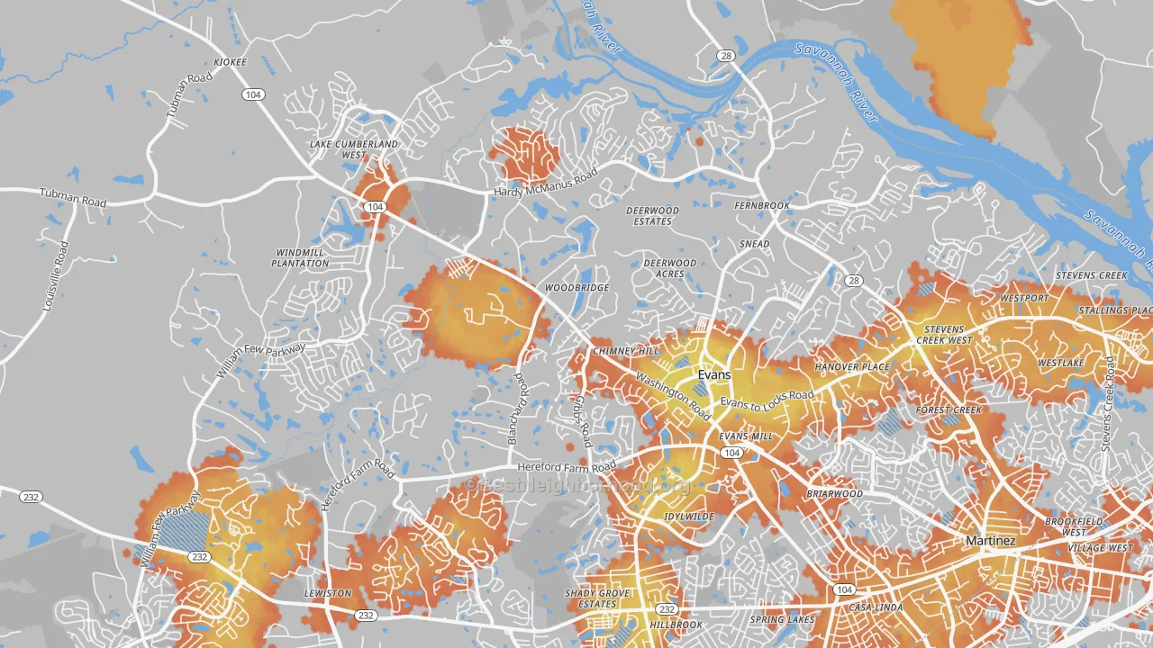Bike Grade map of Evans, GA