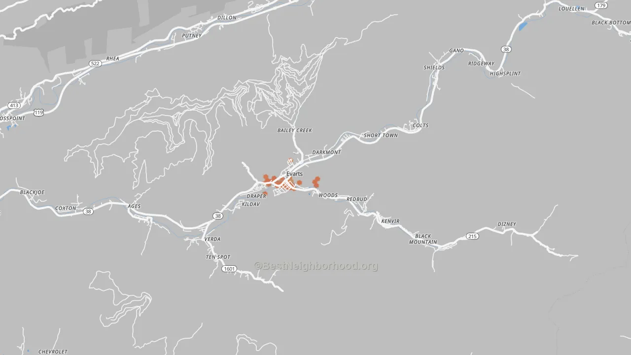 Bike Grade map of Evarts, KY