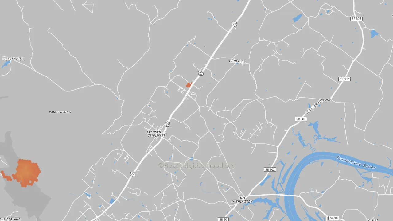 Bike Grade map of Evensville, TN