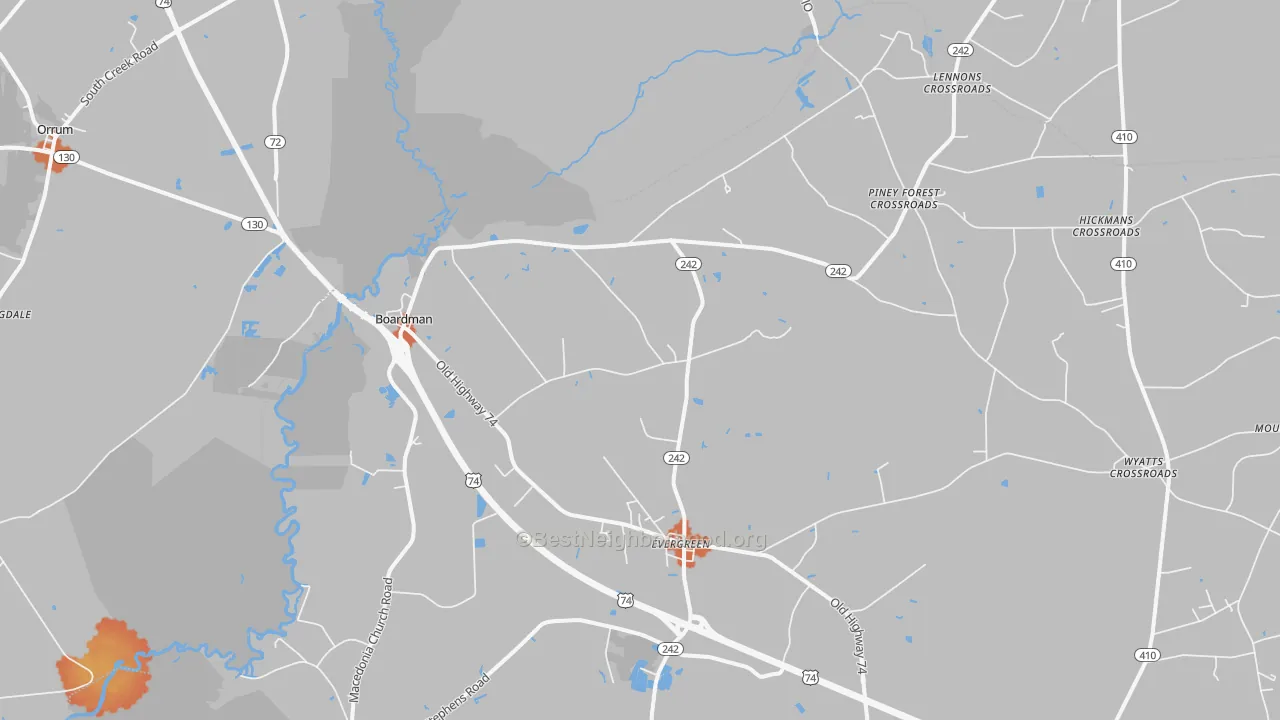 Bike Grade map of Evergreen, NC