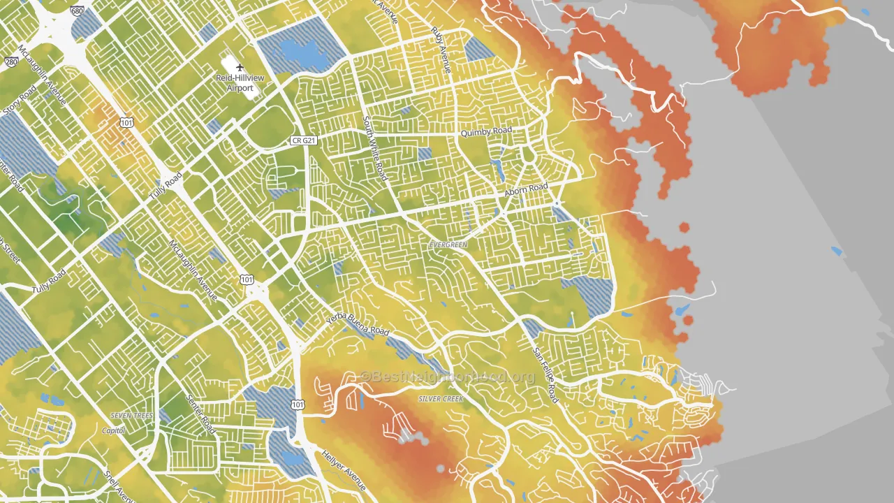 Bike Grade map of Evergreen, San Jose, CA