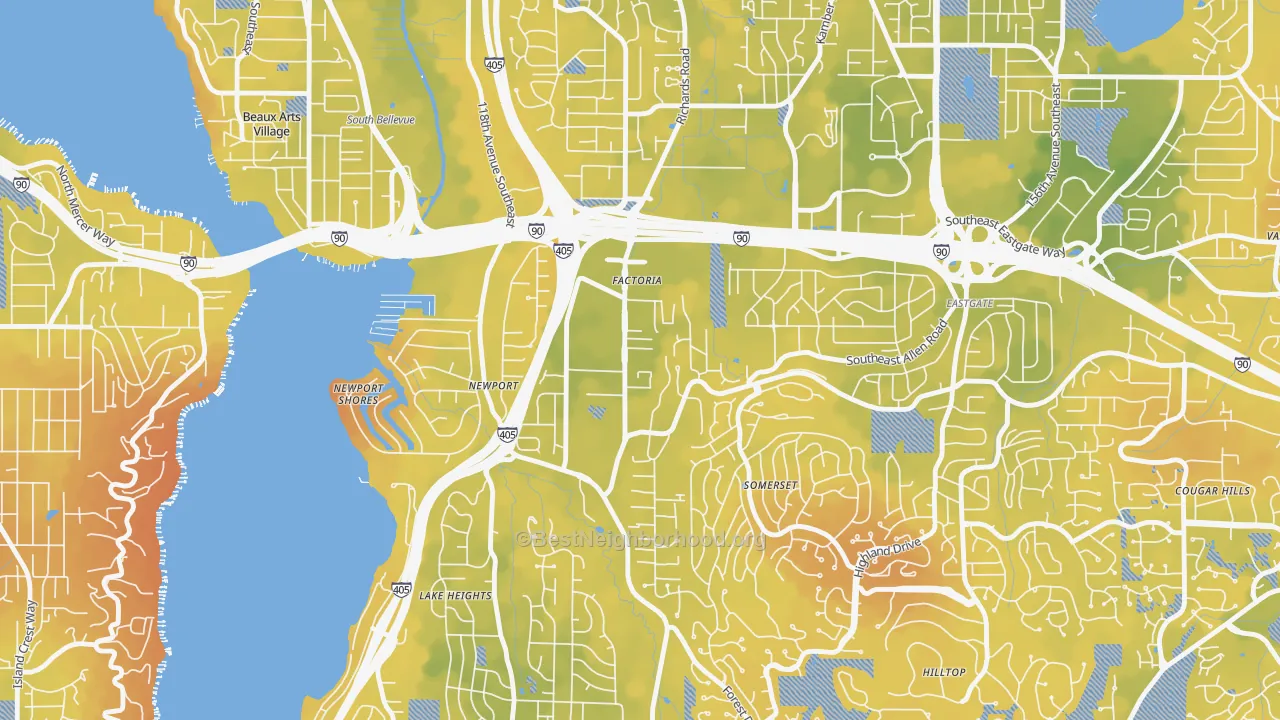 Bike Grade map of Factoria, Bellevue, WA