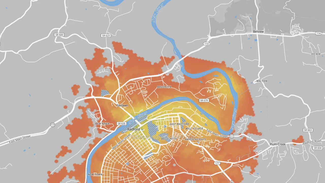 Bike Grade map of Fairlawn, VA