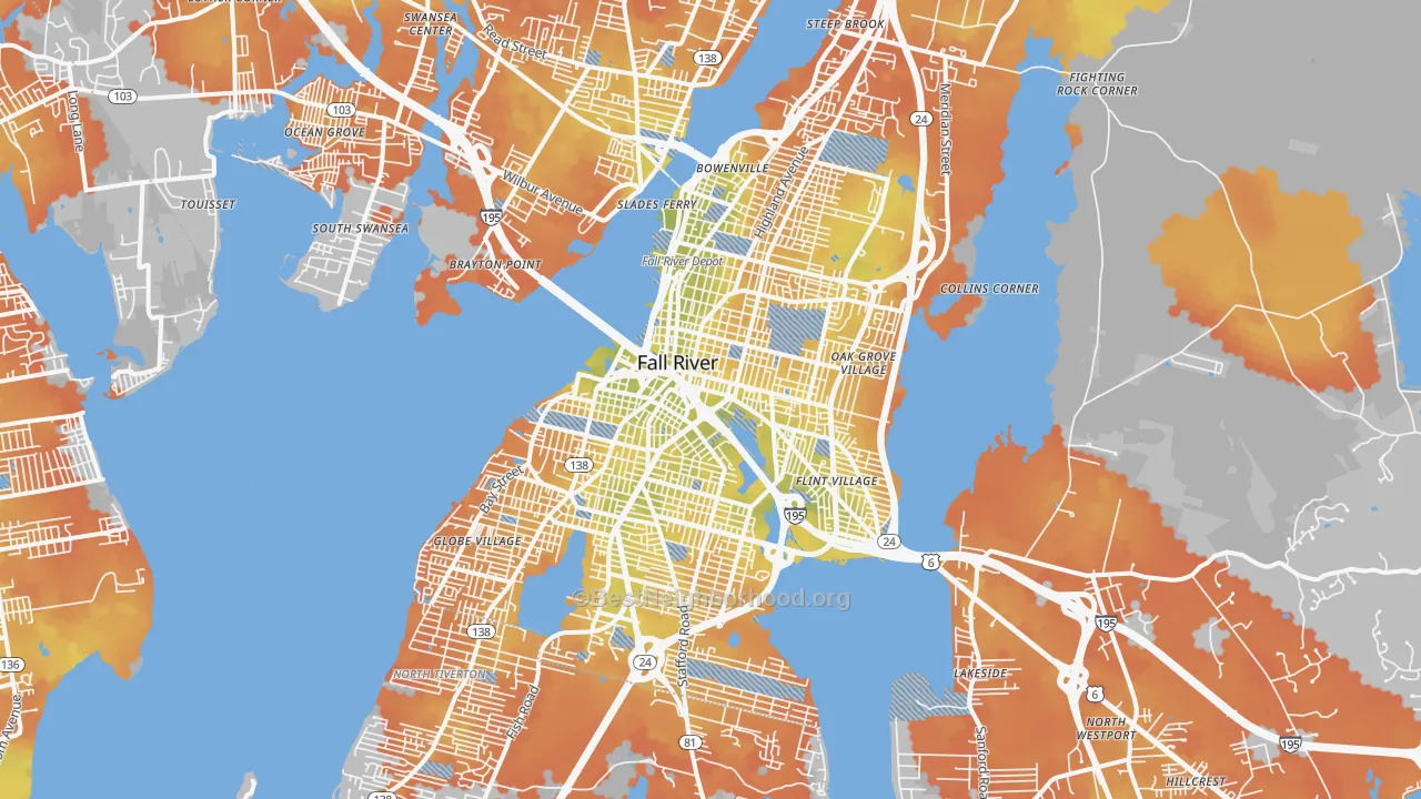 Bike Grade map of Fall River, MA
