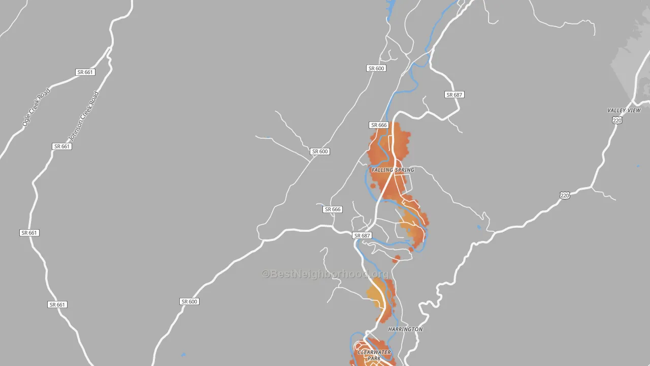 Bike Grade map of Falling Spring, VA