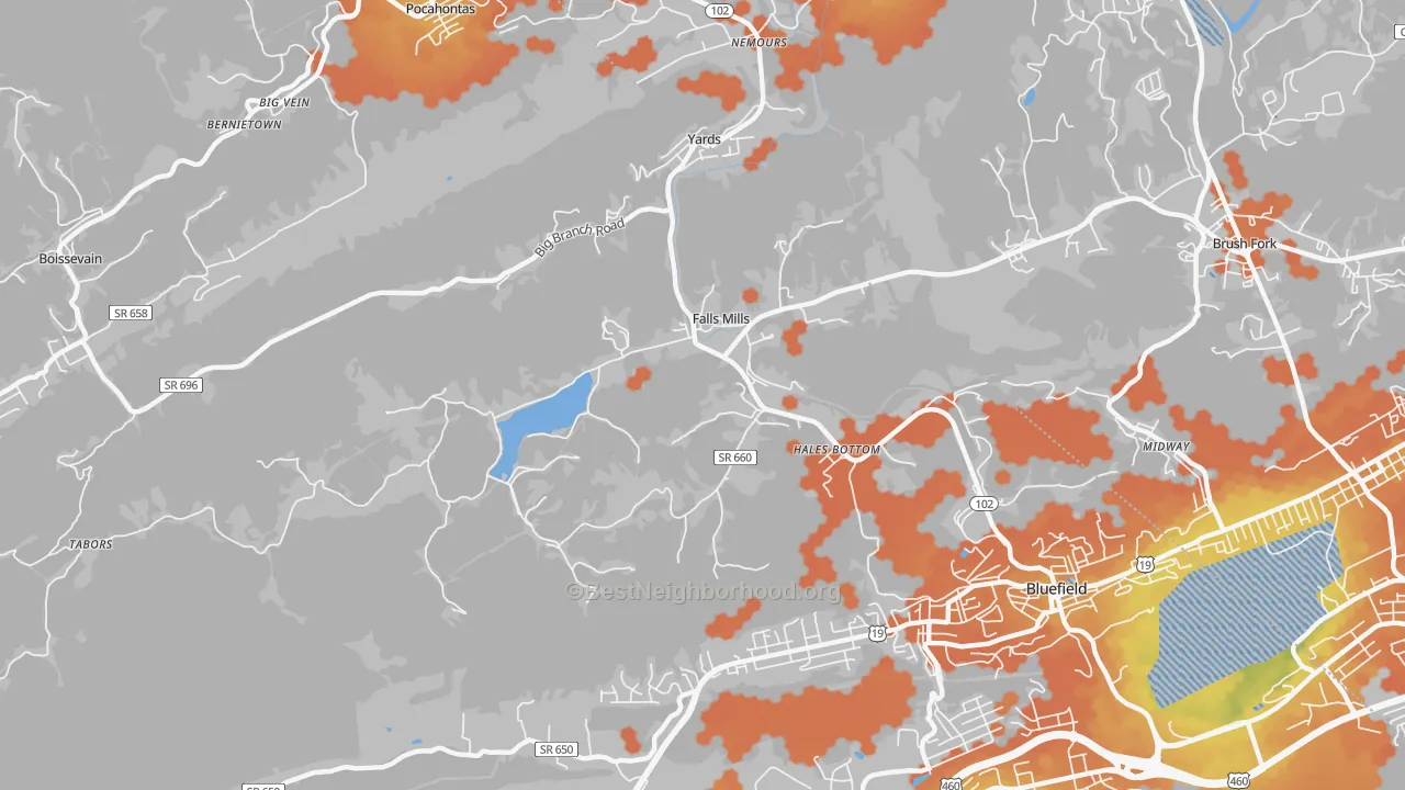 Bike Grade map of Falls Mills, VA