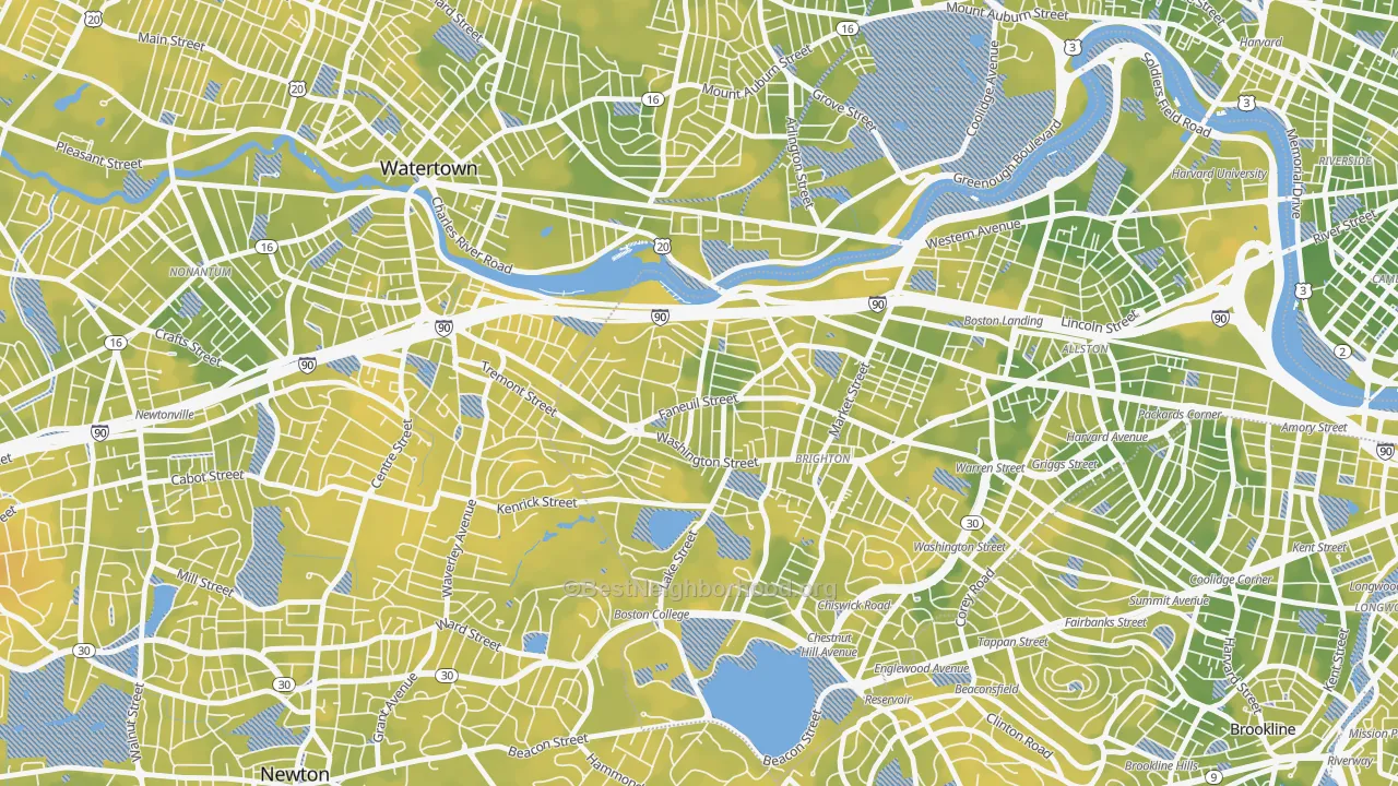 Bike Grade map of Faneuil, Brighton, MA