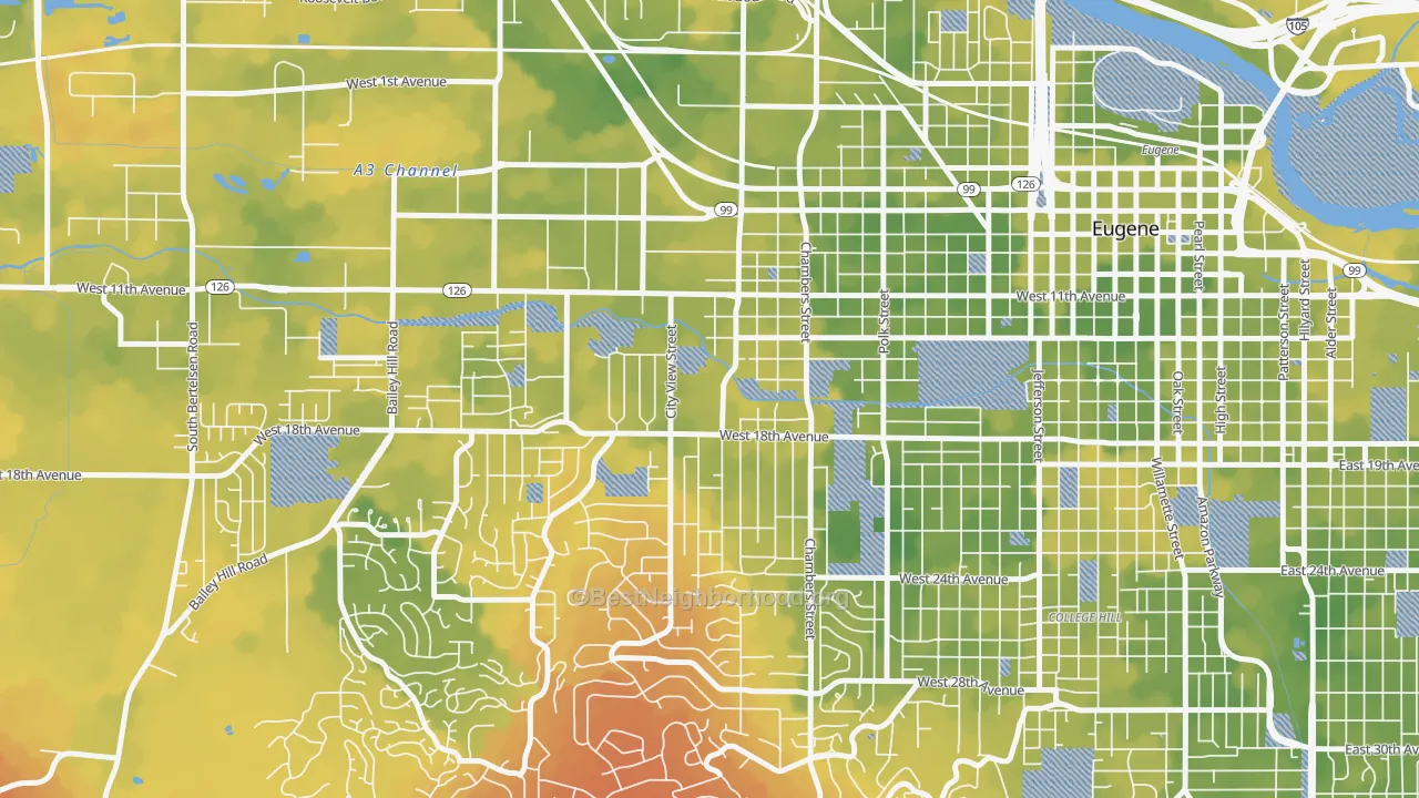 Bike Grade map of Far West Eugene, Eugene, OR