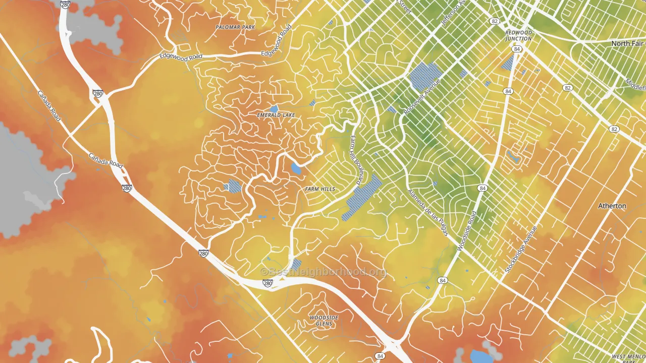 Bike Grade map of Farm Hills, Redwood City, CA