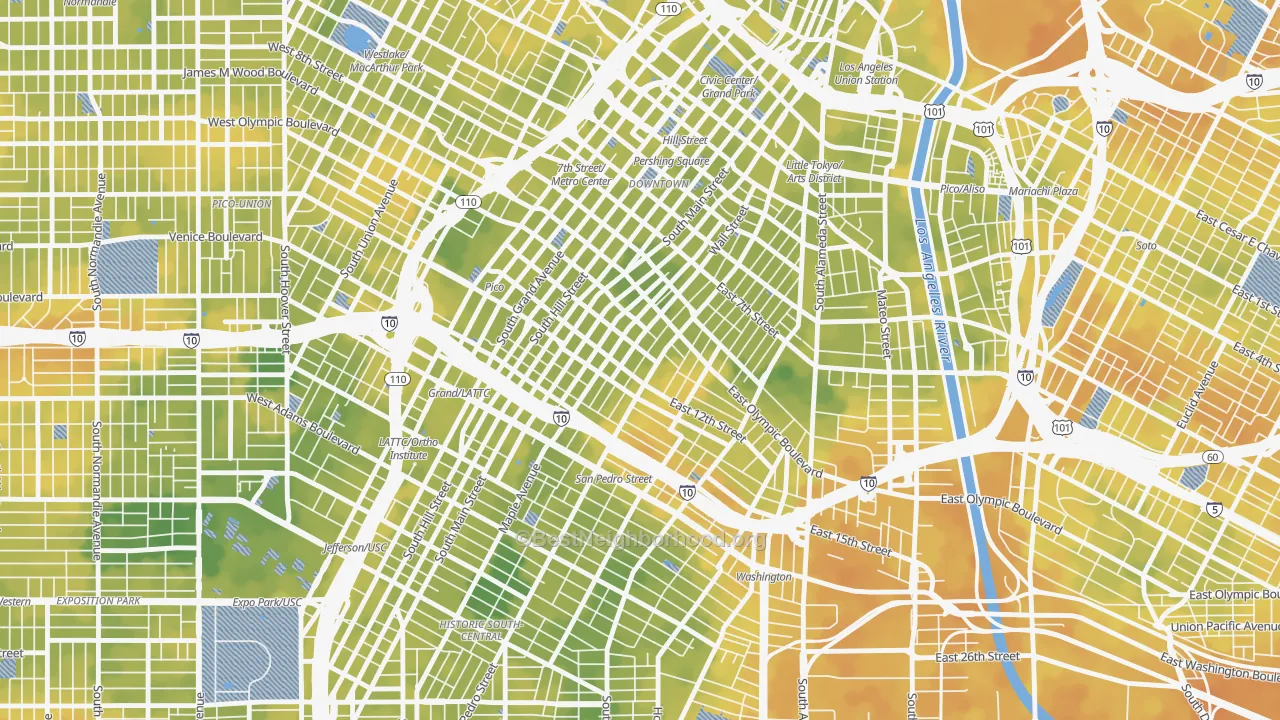 Bike Grade map of Fashion District, Los Angeles, CA