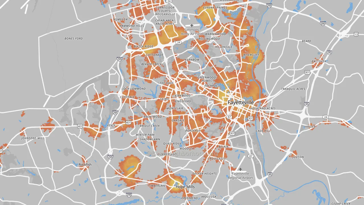 Bike Grade map of Fayetteville, NC