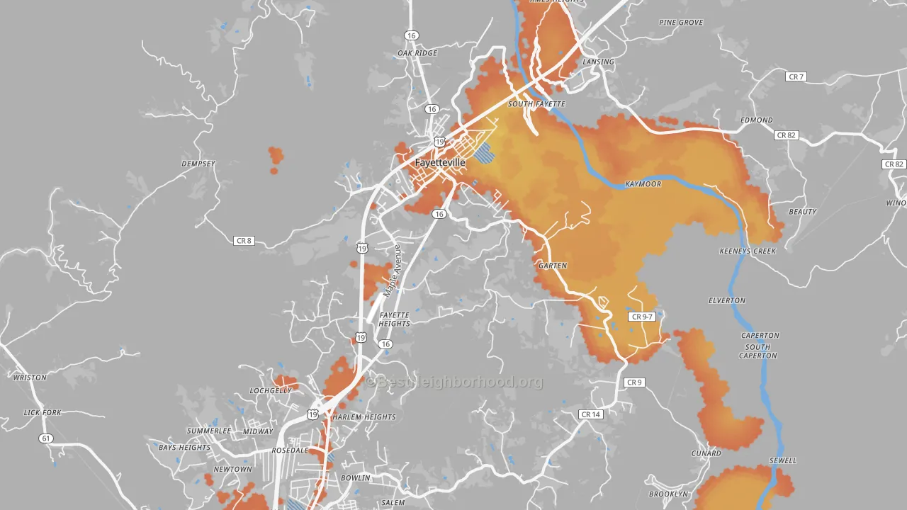 Bike Grade map of Fayetteville, WV
