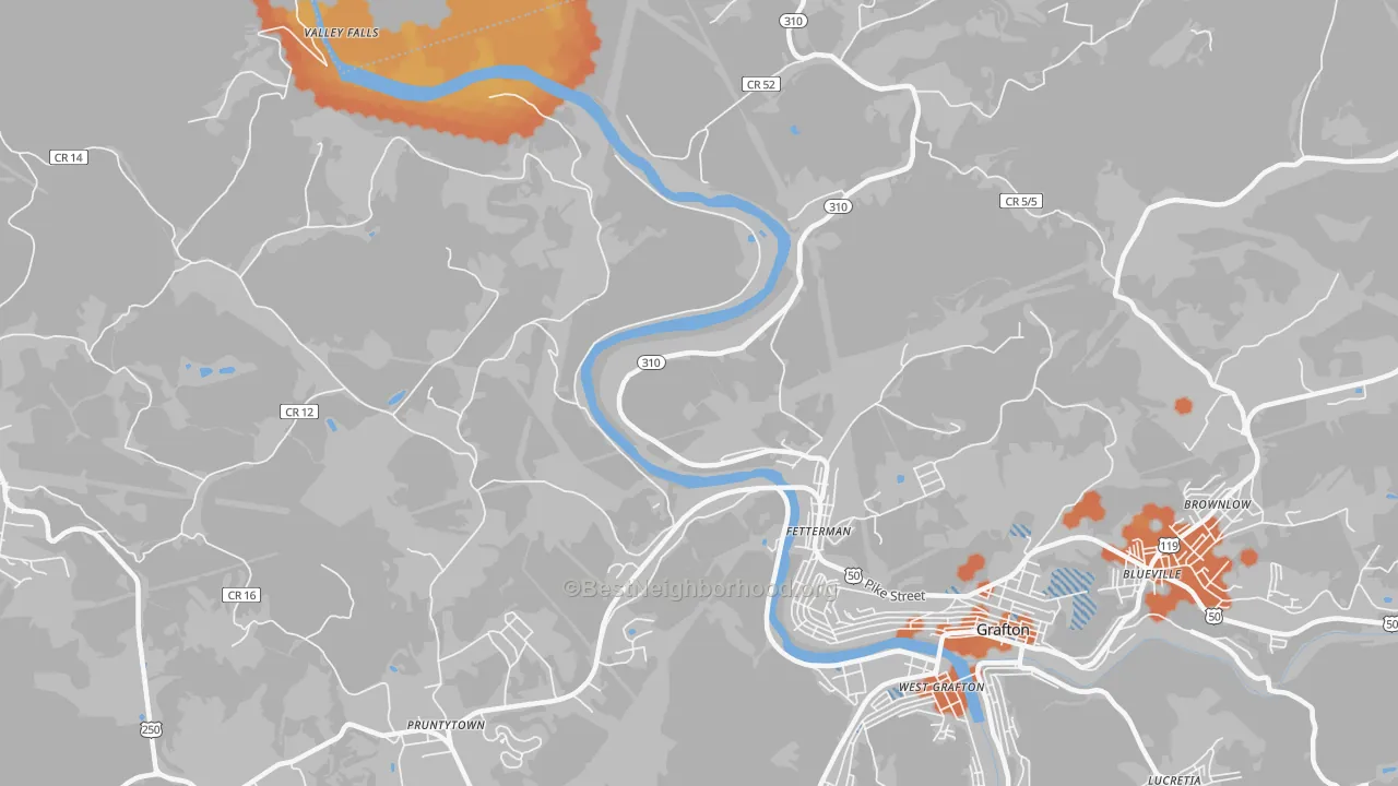 Bike Grade map of Fetterman, WV