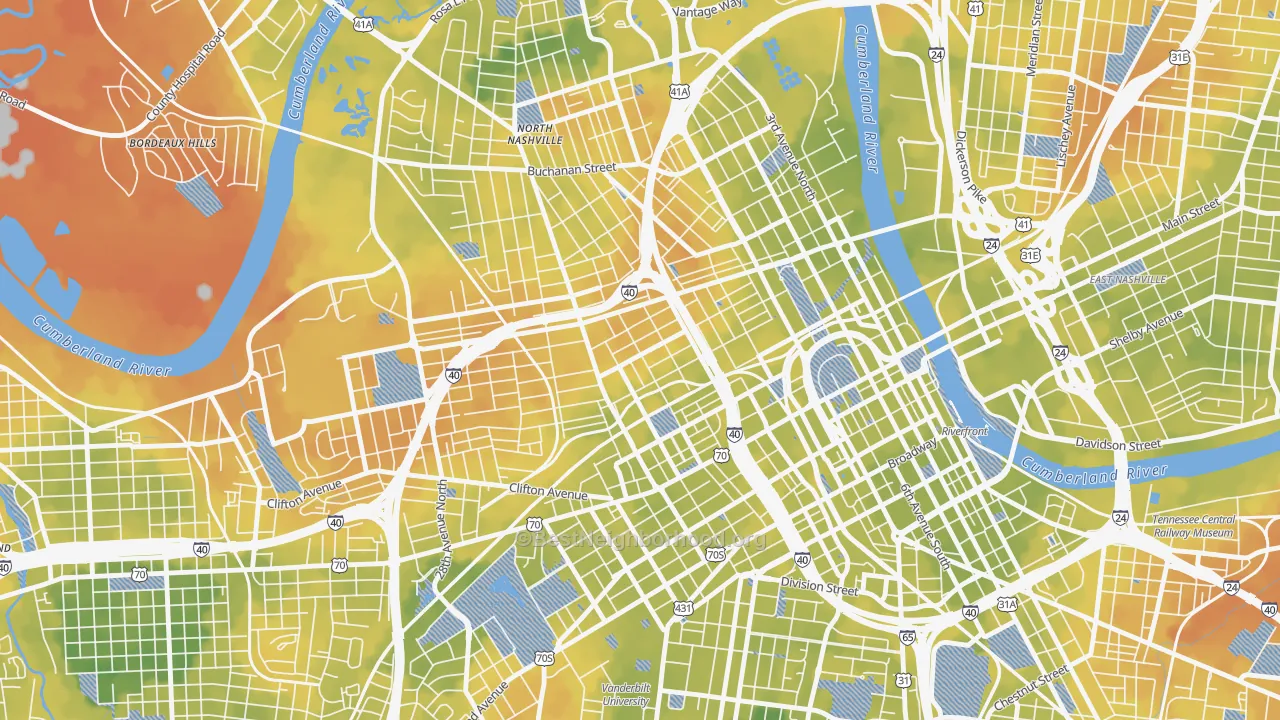 Bike Grade map of Fisk-Meharry, Nashville, TN