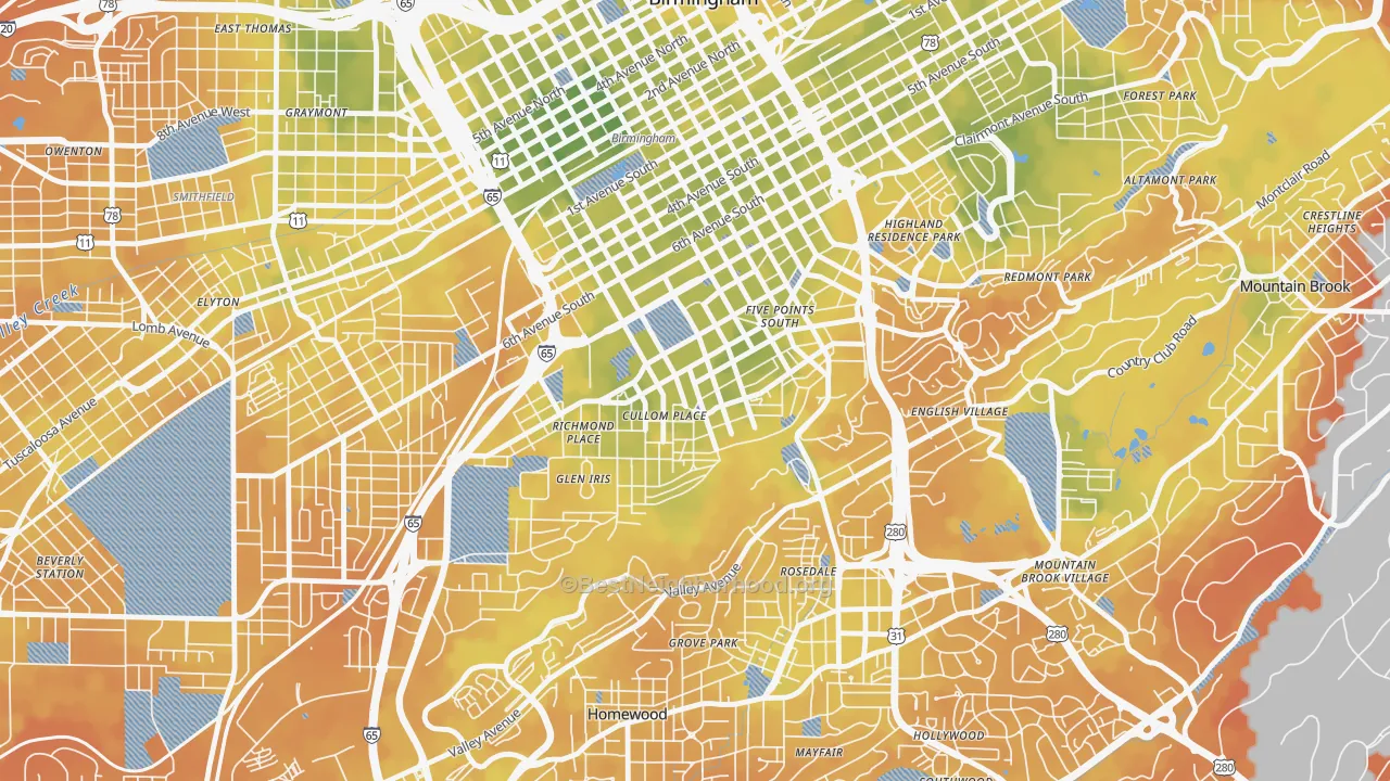 Bike Grade map of Five Points South, Birmingham, AL