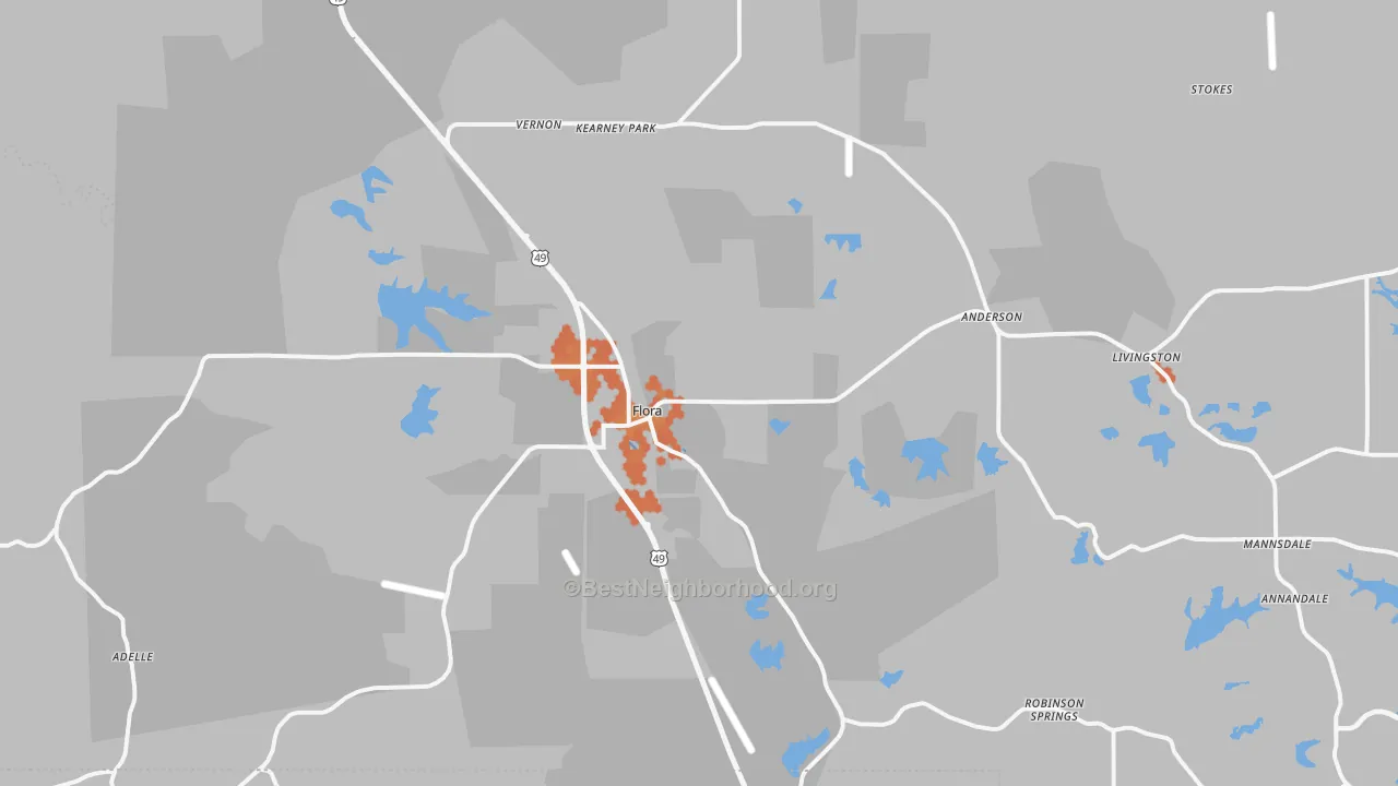 Bike Grade map of Flora, MS
