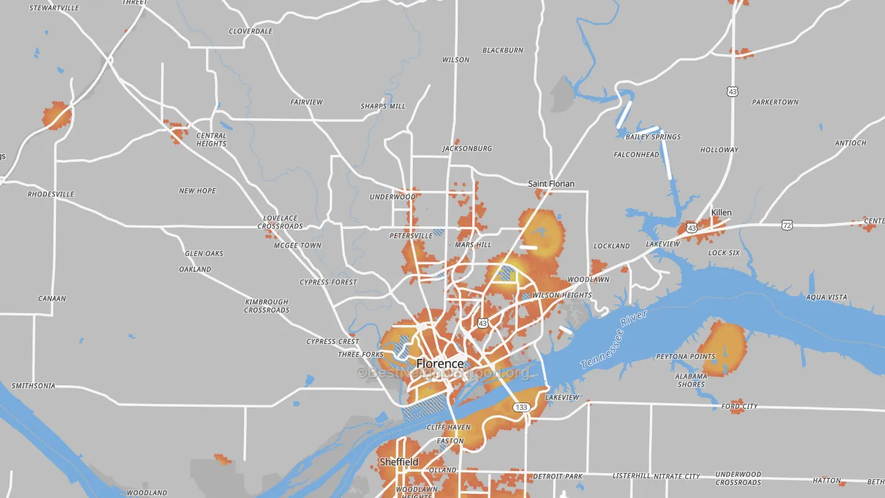 Bike Grade map of Florence, AL