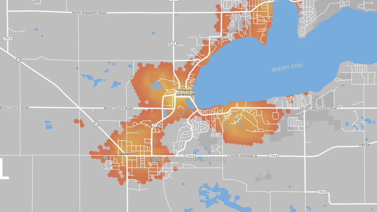 Bike Grade map of Fontana-on-Geneva Lake, WI