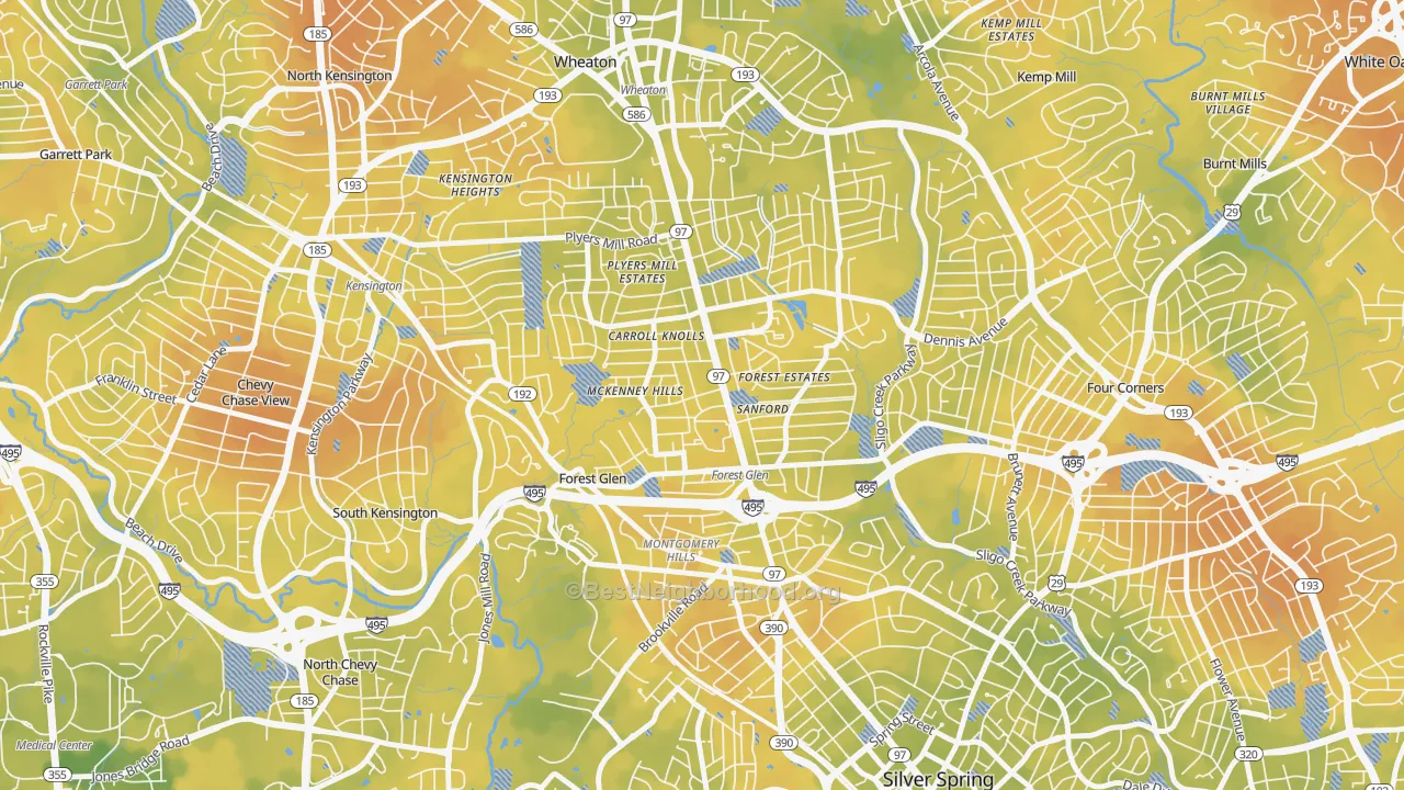Bike Grade map of Forest Glen, Silver Spring, MD