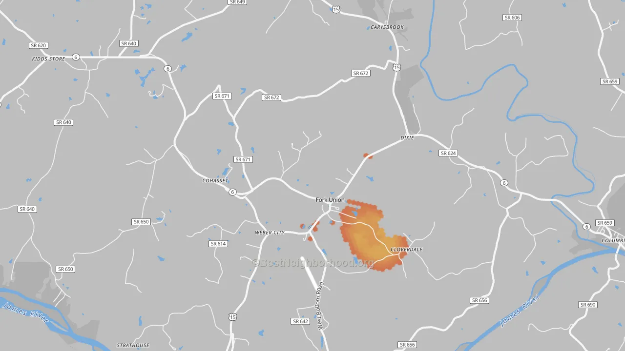 Bike Grade map of Fork Union, VA