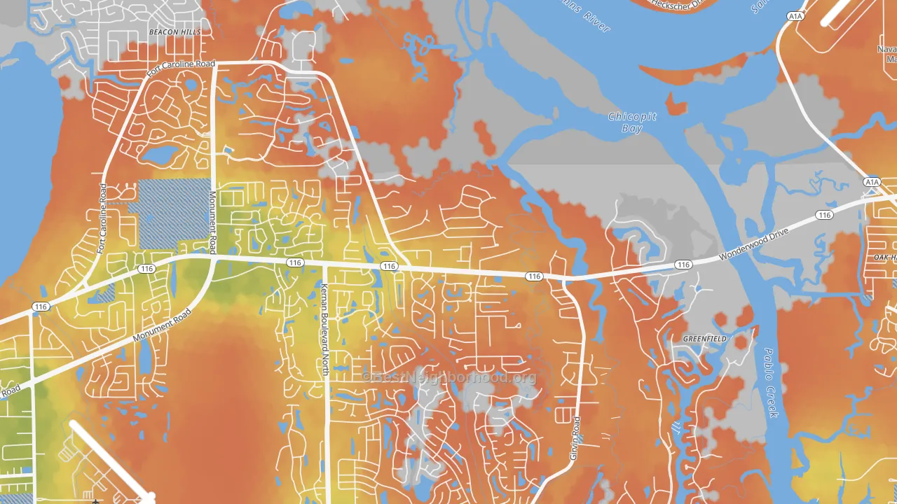 Bike Grade map of Fort Caroline Shores, Jacksonville, FL