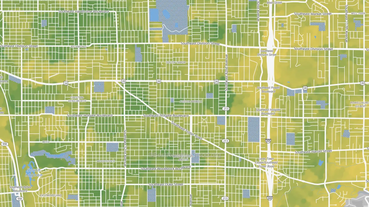 Bike Grade map of Foster-Powell, Portland, OR