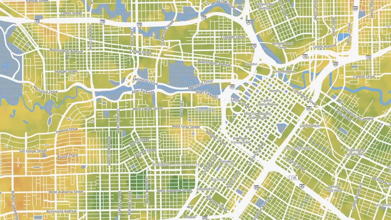 Bike Grade map of Fourth Ward, Houston, TX
