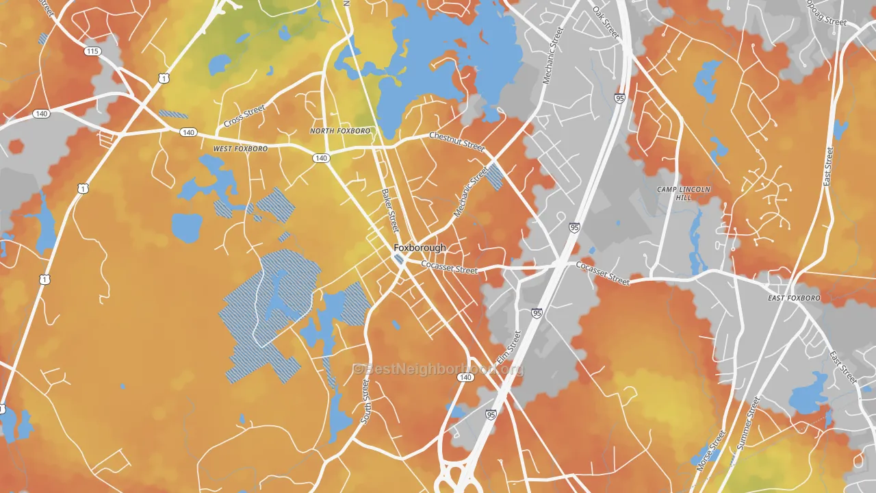 Bike Grade map of Foxborough, MA