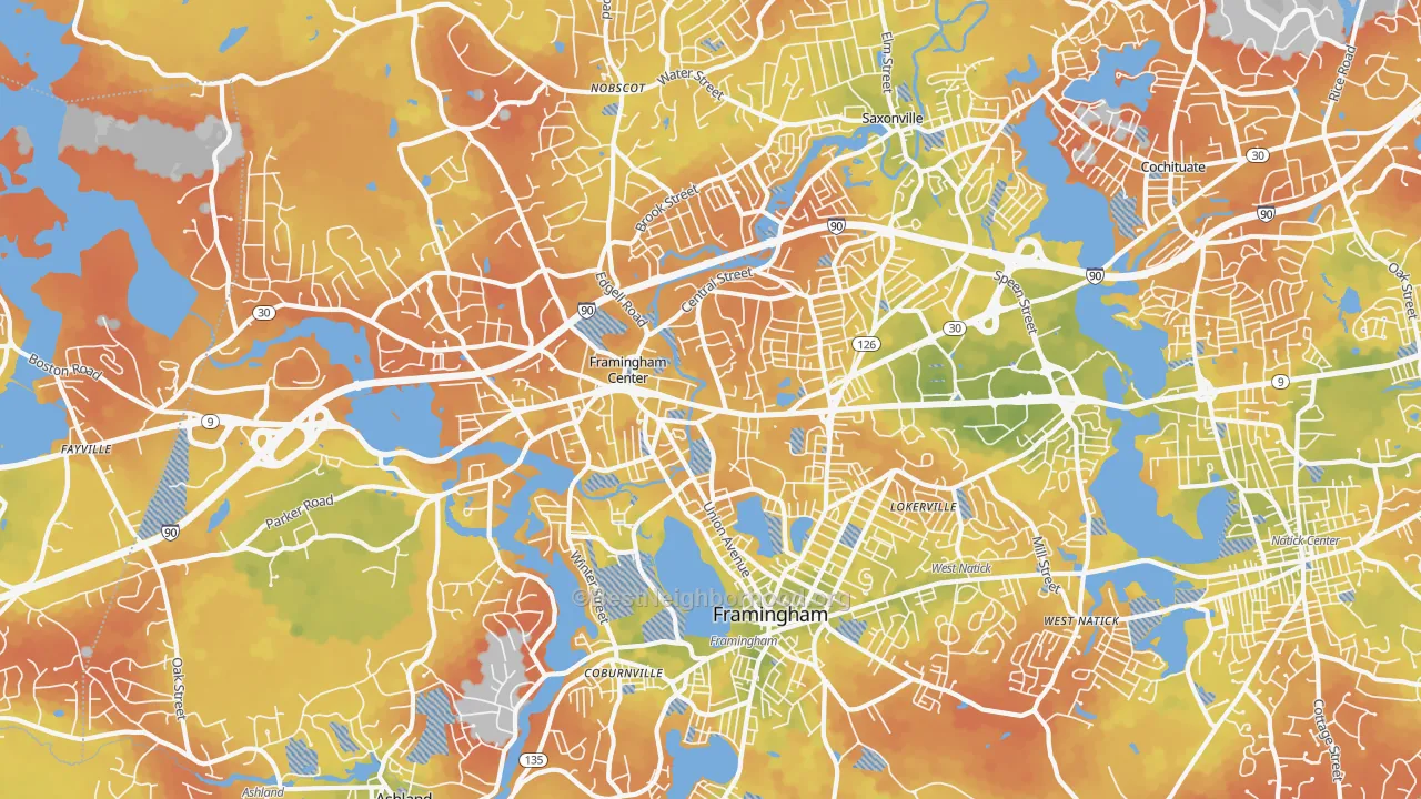 Bike Grade map of Framingham, MA