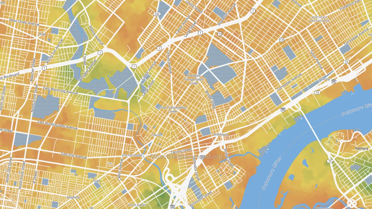 Bike Grade map of Frankford, Philadelphia, PA