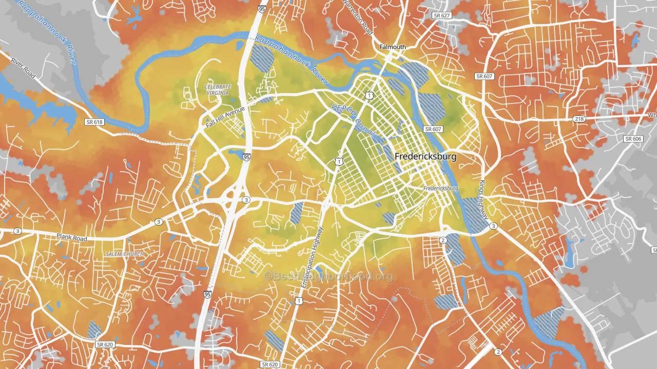 Bike Grade map of Fredericksburg City, VA