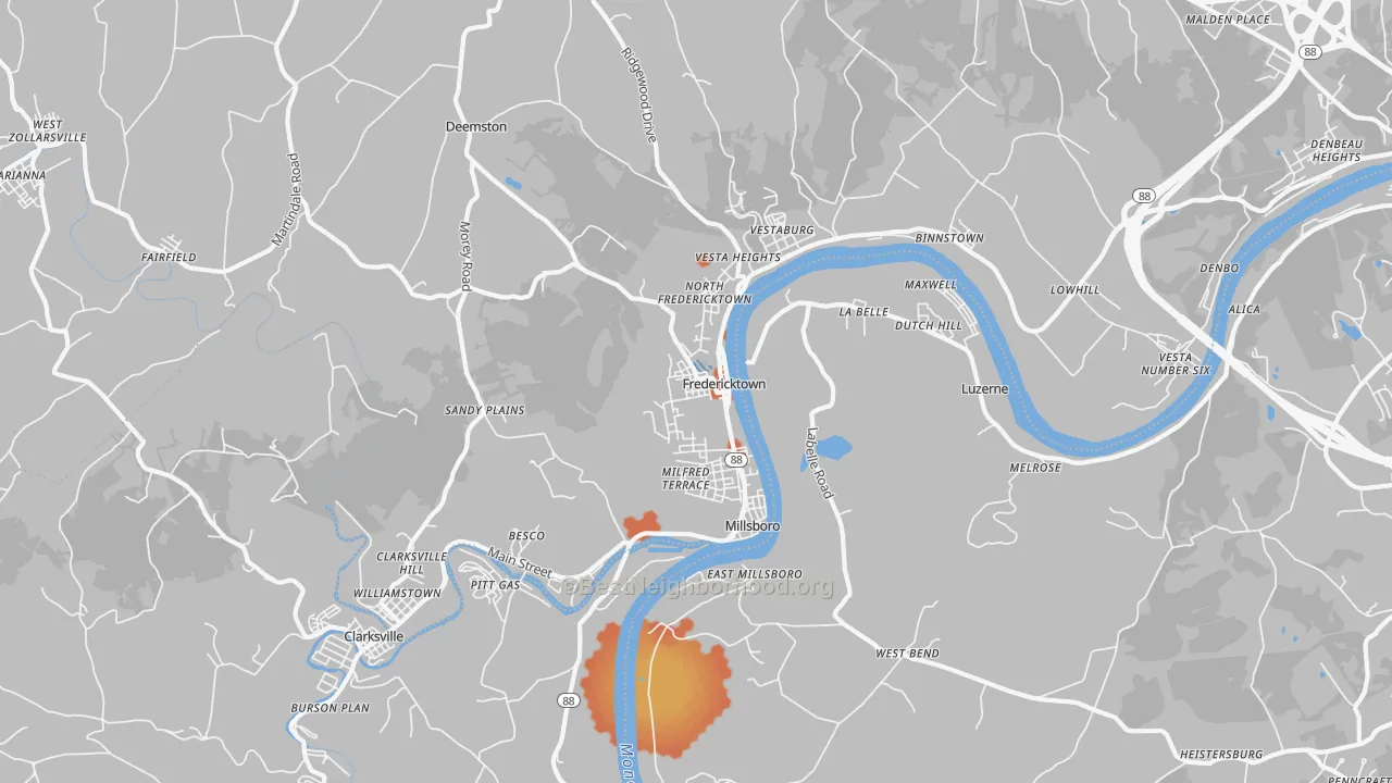 Bike Grade map of Fredericktown, PA