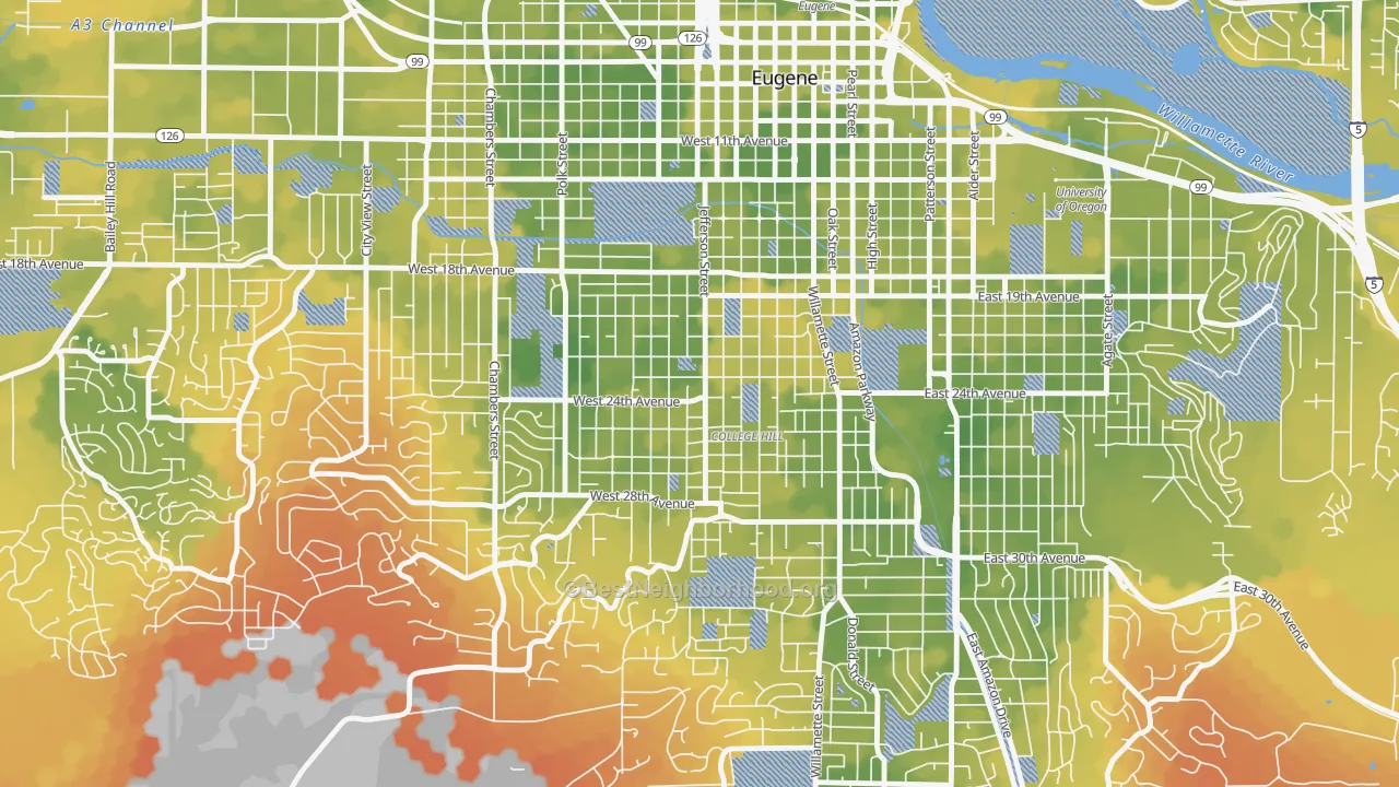 Bike Grade map of Friendly, Eugene, OR