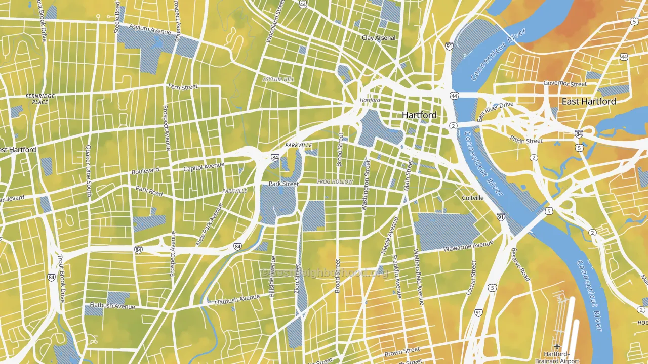 Bike Grade map of Frog Hollow, Hartford, CT