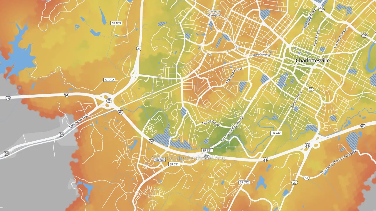 Bike Grade map of Fry Springs, Charlottesville, VA