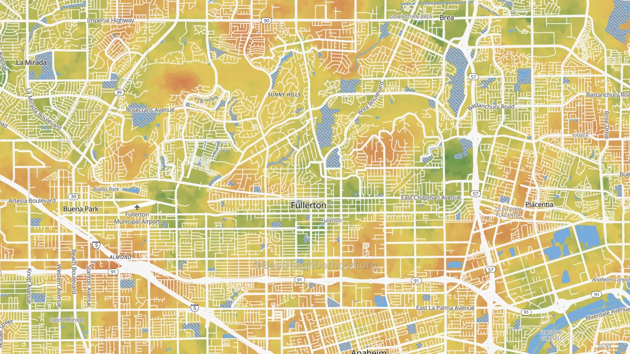 Bike Grade map of Fullerton, CA