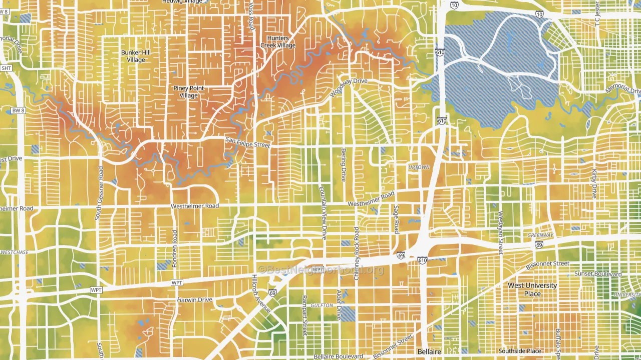 Bike Grade map of Galleria-Uptown, Houston, TX