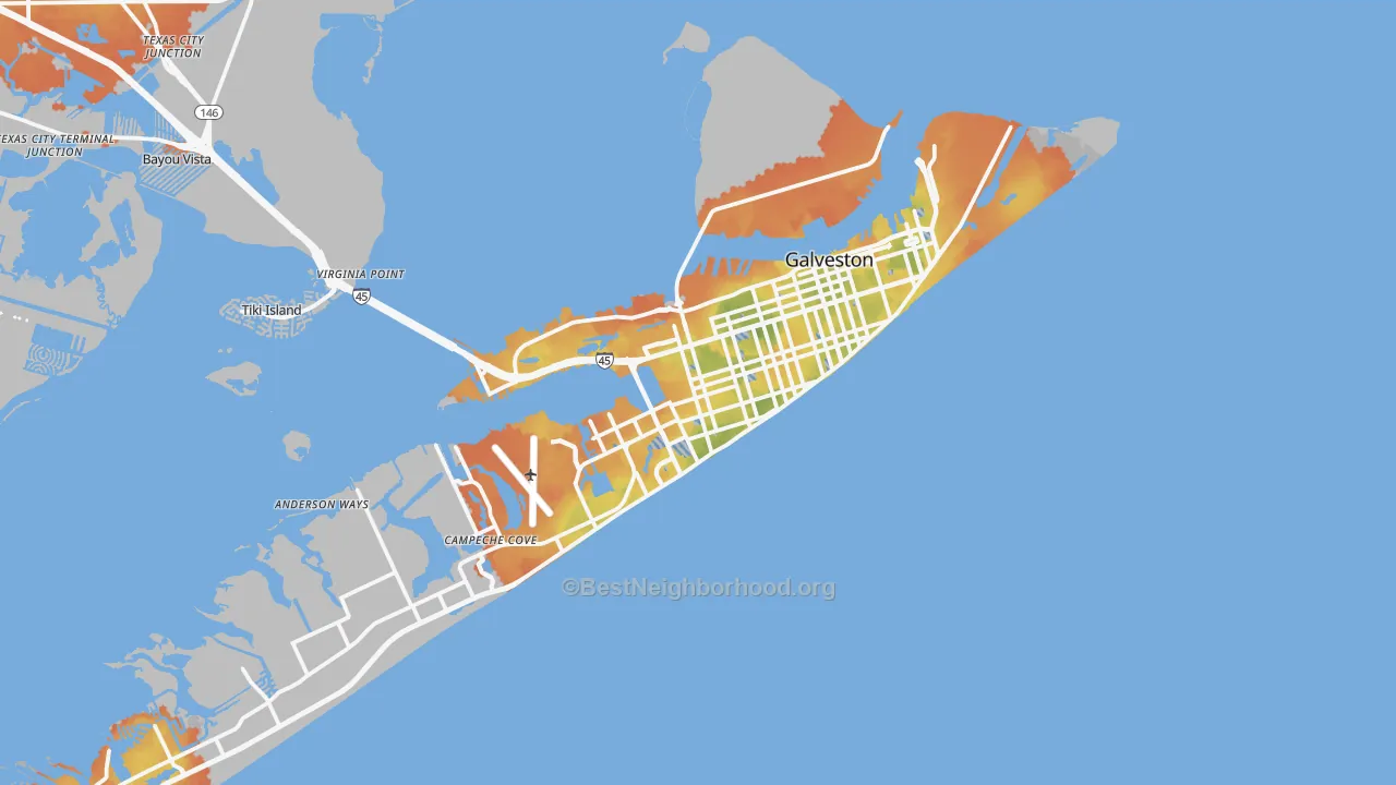 Bike Grade map of Galveston, TX