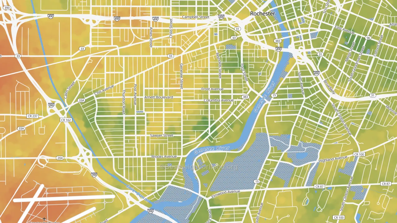 Bike Grade map of Genesee-Jefferson, Rochester, NY