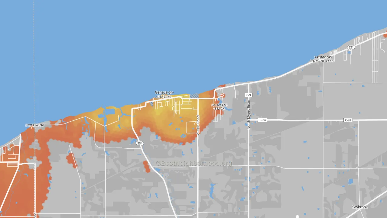 Bike Grade map of Geneva-on-the-Lake, OH