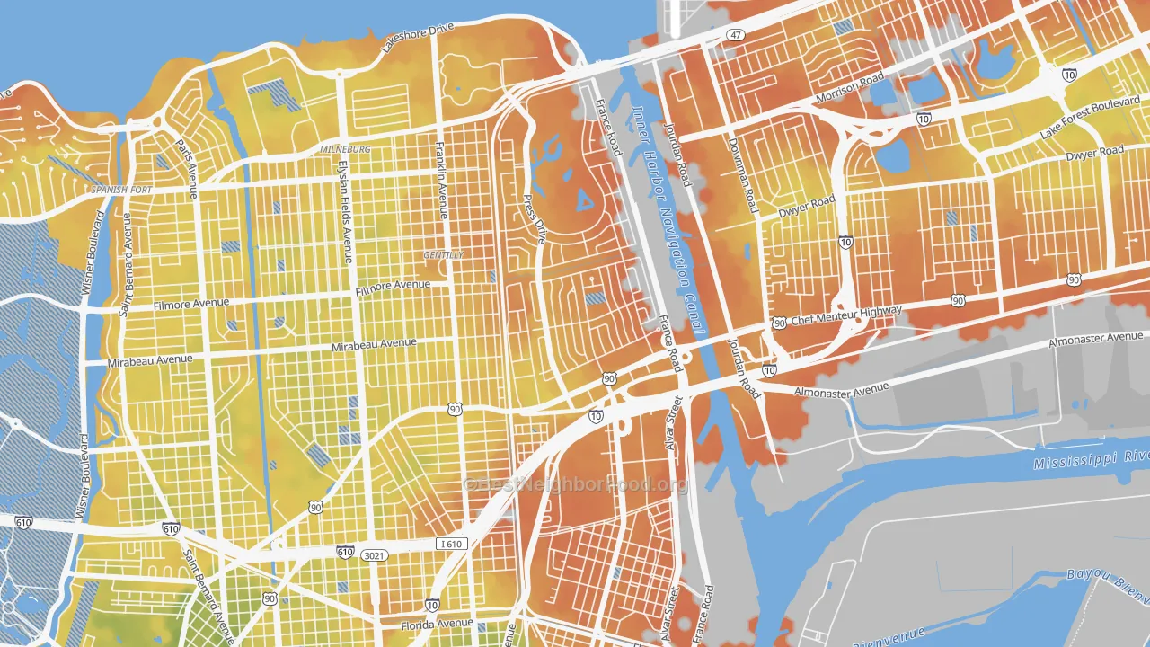 Bike Grade map of Gentilly Woods, New Orleans, LA
