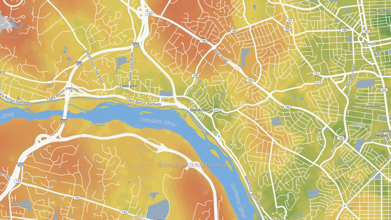Bike Grade map of Glen Echo, MD
