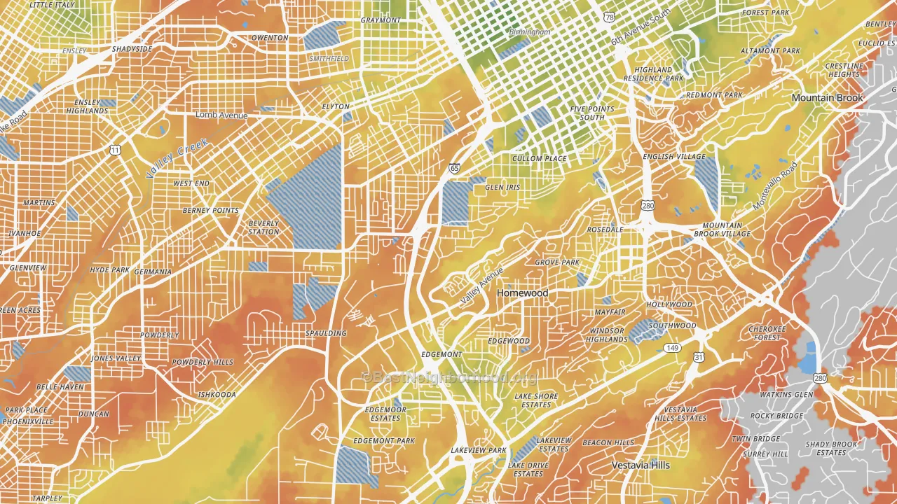 Bike Grade map of Glen Iris, Birmingham, AL