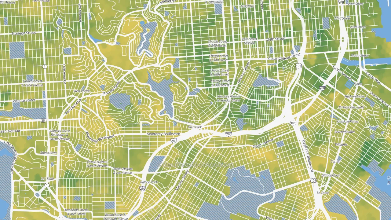 Bike Grade map of Glen Park, San Francisco, CA